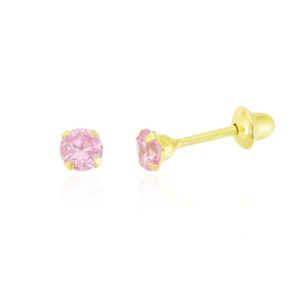 Brincos de Ouro 18K Pedra Rosa 3mm