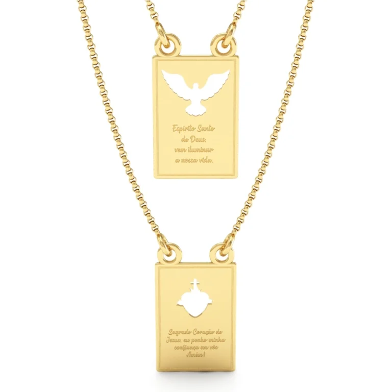 Escapulário Sagrado Coração de Jesus e Espírito Santo Ouro